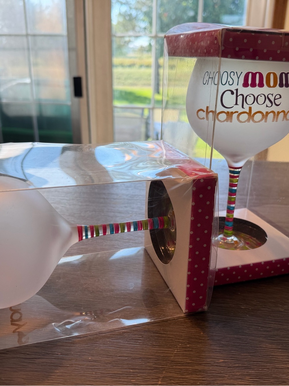 'Choose Chardonnay' Frosted Wine Glass with Multicolor Stem. 123
